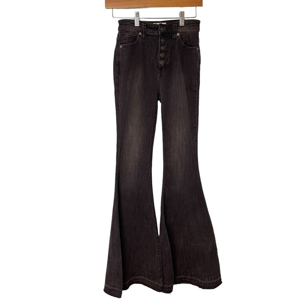 Free People Black Jeans Flared Bell Bottom Button Fly Raw Hem 24 NWT
